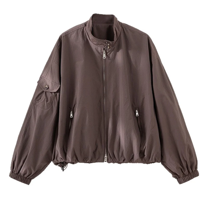 Damen Kurze technische Bomberjacke im Oversize‑Stil mit Ärmeltasche und Zwei‑Wege‑Reißverschluss Drune