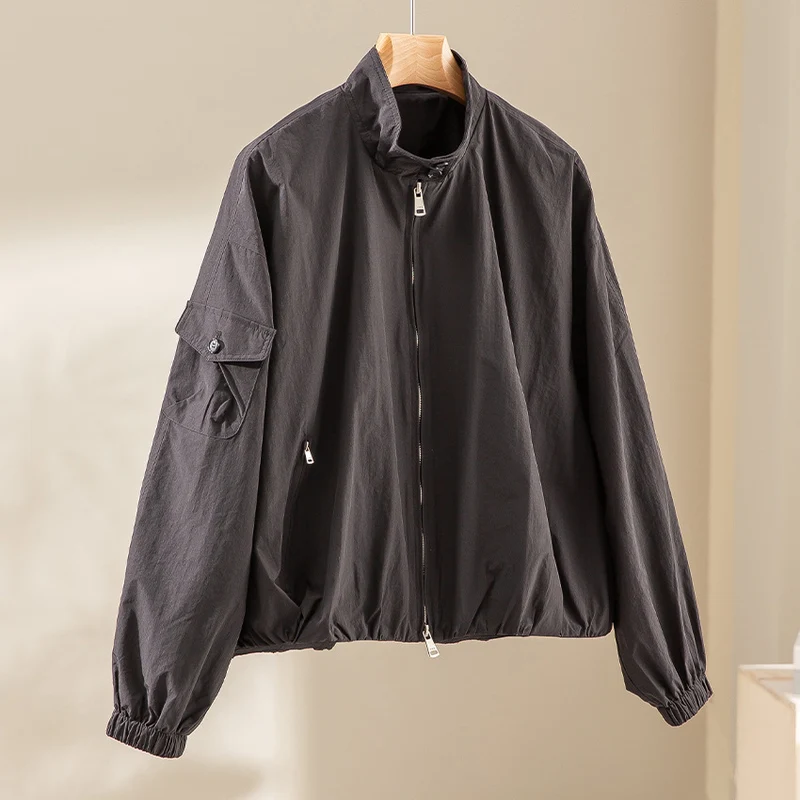 Damen Kurze technische Bomberjacke im Oversize‑Stil mit Ärmeltasche und Zwei‑Wege‑Reißverschluss Drune