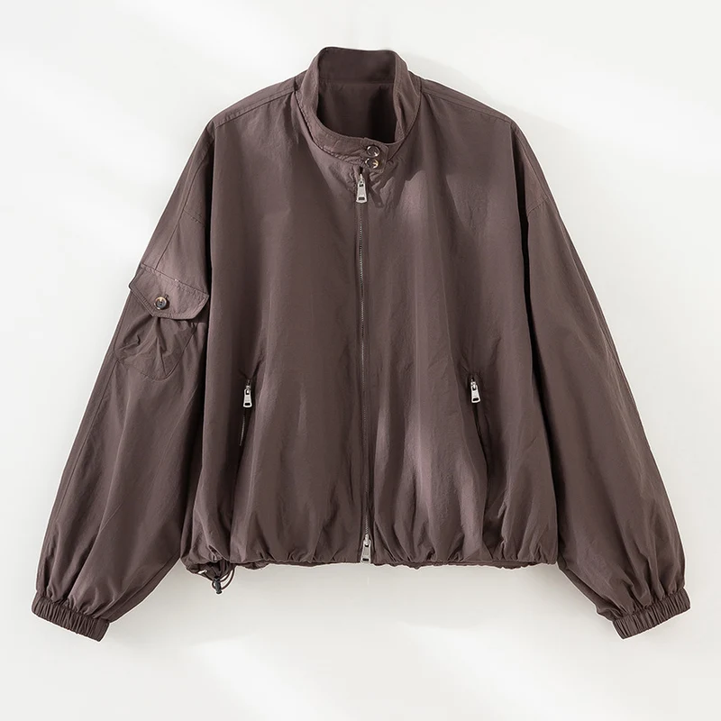 Damen Kurze technische Bomberjacke im Oversize‑Stil mit Ärmeltasche und Zwei‑Wege‑Reißverschluss Drune