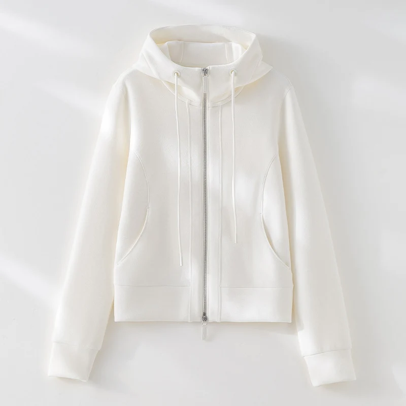 Damen Kurze Kapuzen-Sweatjacke mit Zwei-Wege-Reißverschluss und Kängurutaschen Drune