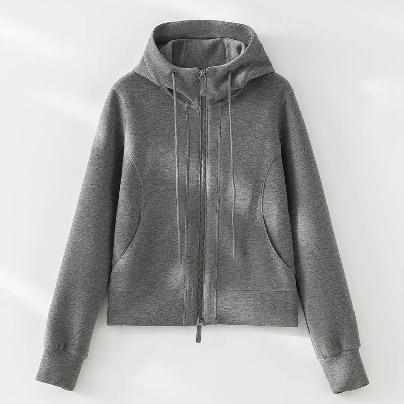 Damen Kurze Kapuzen-Sweatjacke mit Zwei-Wege-Reißverschluss und Kängurutaschen Drune