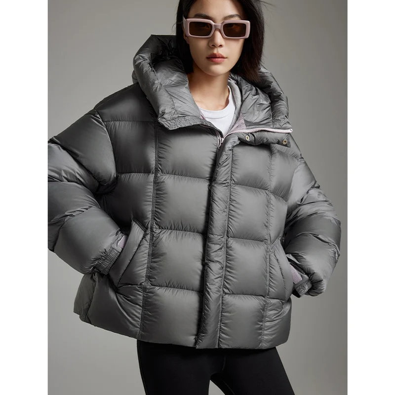 Damen Kurze Boxy‑Steppjacke mit Oversize‑Ärmeln, hohem Thermokragen und Kapuze Drune