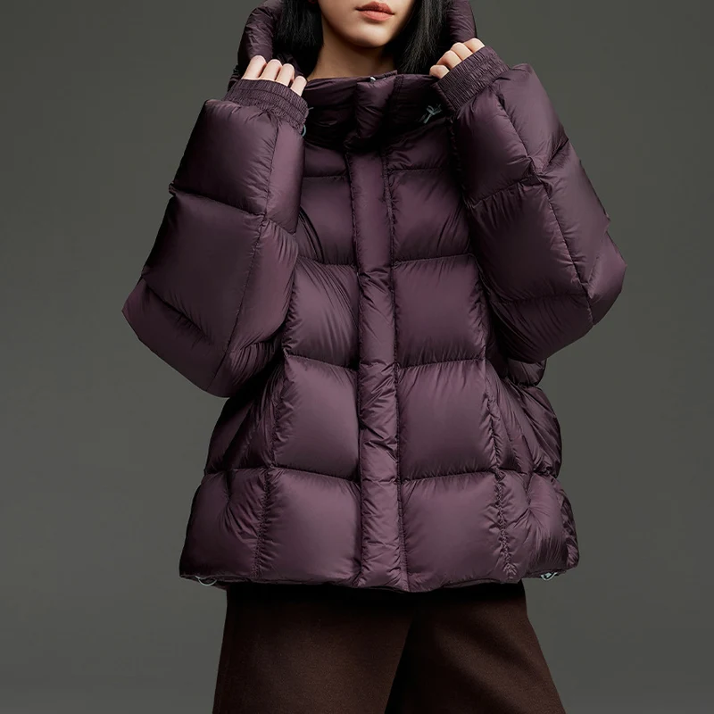 Damen Kurze Boxy‑Steppjacke mit Oversize‑Ärmeln, hohem Thermokragen und Kapuze Drune