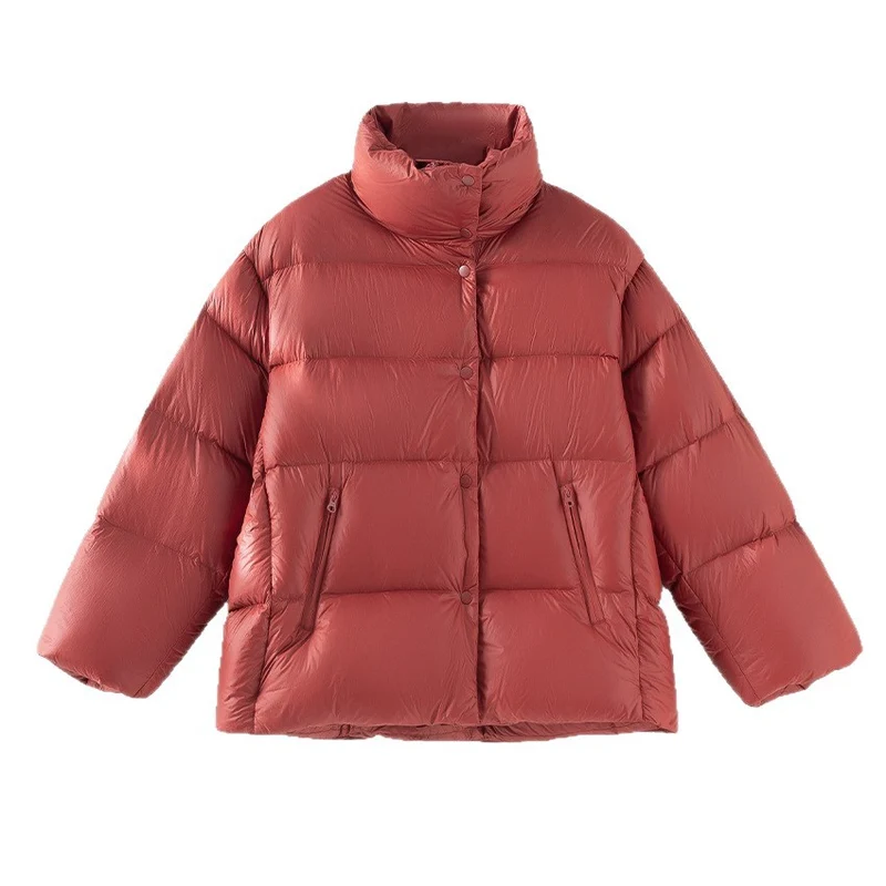 Damen Kurz geschnittene gesteppte Daunenjacke mit hohem Stehkragen, Boxy-Silhouette und Druckknöpfen Drune