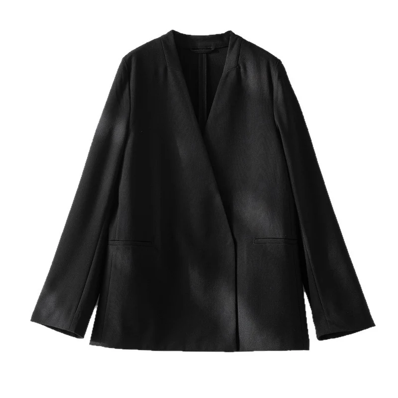 Damen kragenloser Longline-Blazer mit offenem V-Ausschnitt und Eingrifftaschen Drune