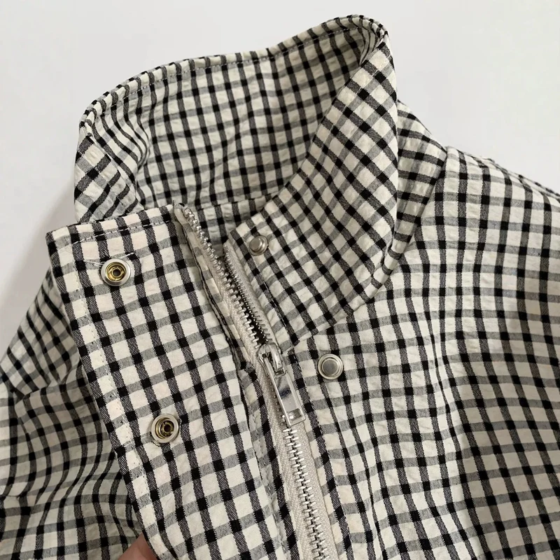 Damen Oversize Kurzjacke mit Stehkragen und Vichy-Karo Drune