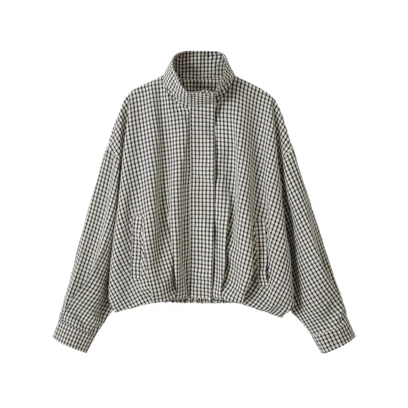 Damen Oversize Kurzjacke mit Stehkragen und Vichy-Karo Drune