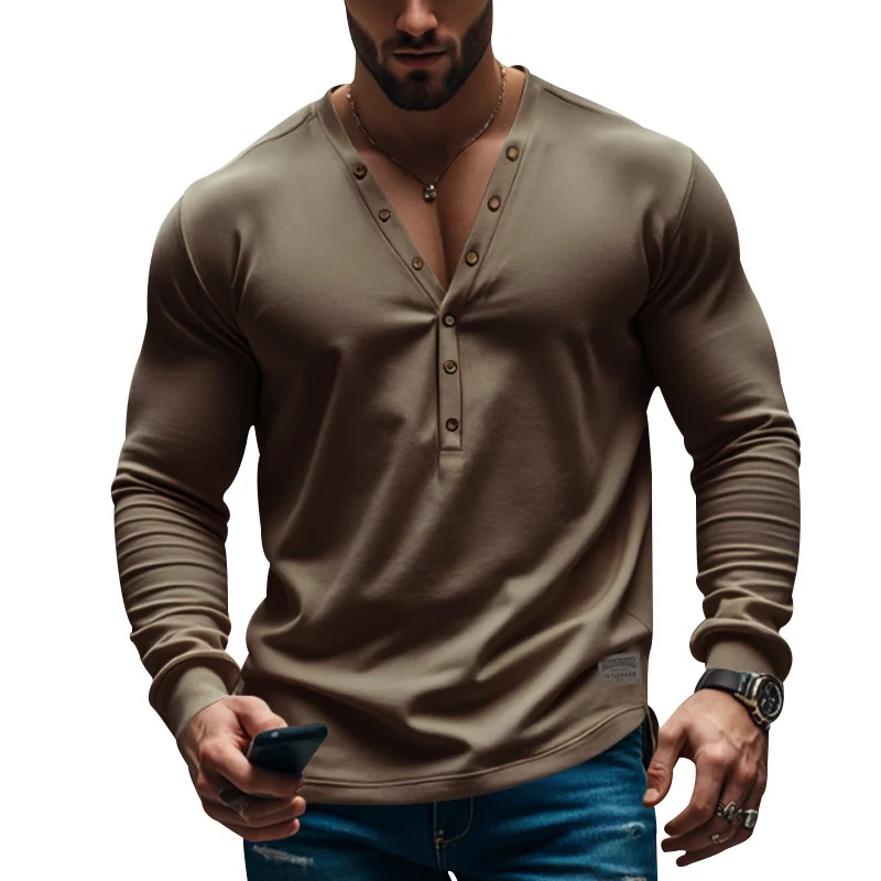Herren Langarm Henley T-Shirt mit modernem Knopfverschluss und figurbetontem Schnitt Drune