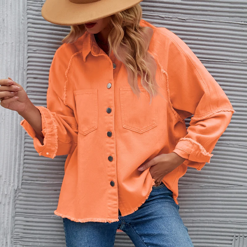 Damen lässige Oversized Jeansjacke mit fransigem Saum Drune