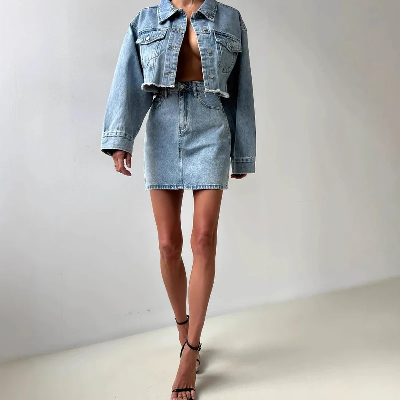 Damen Denim Jacke und Bleistiftrock Set Drune