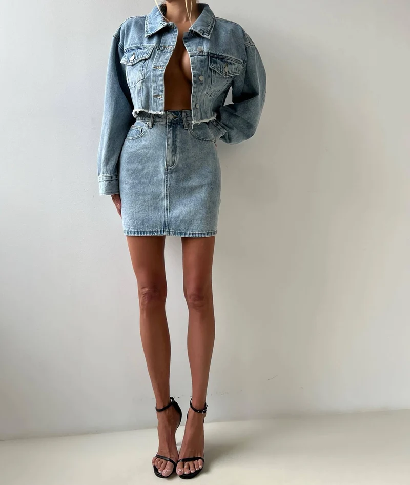 Damen Denim Jacke und Bleistiftrock Set Drune