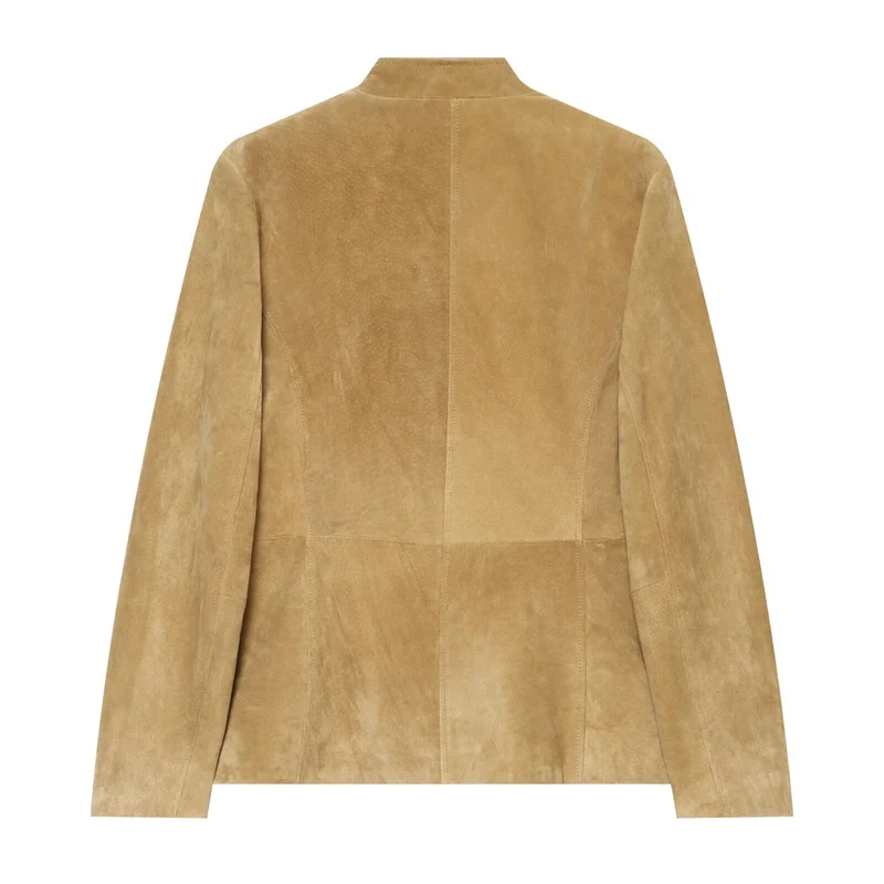 Damen Taillierte Wildlederjacke mit Stehkragen, Pattentaschen und Schulterklappen Drune