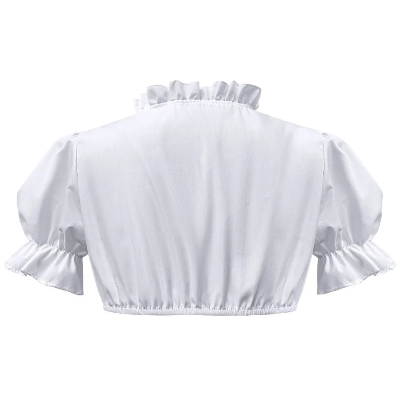 Damen nan traditionelle Dirndlbluse kurz mit Puffärmeln Herzausschnitt und Rüschendetail Drune