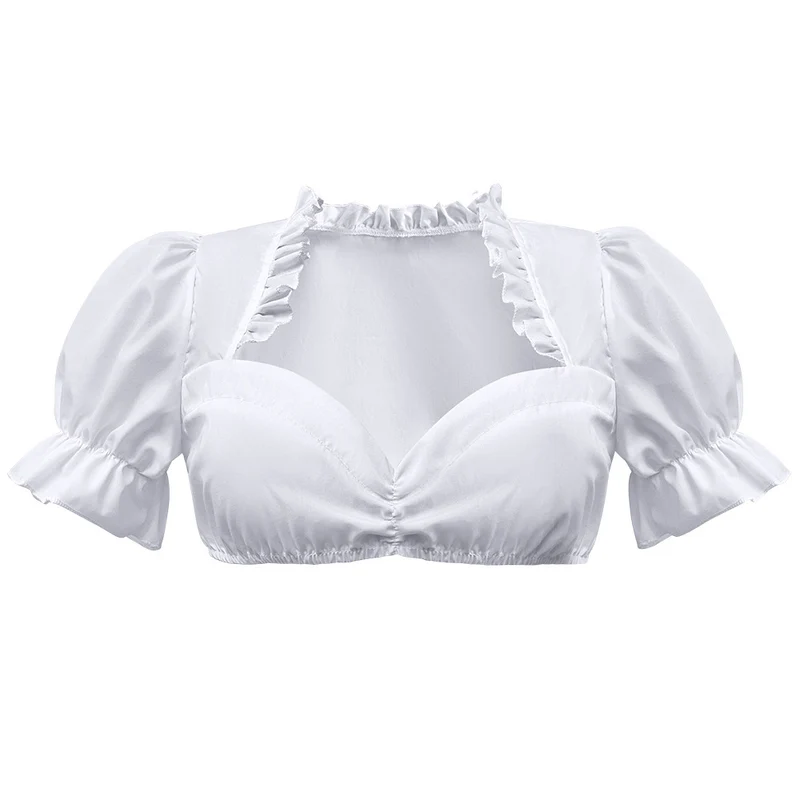 Damen nan traditionelle Dirndlbluse kurz mit Puffärmeln Herzausschnitt und Rüschendetail Drune