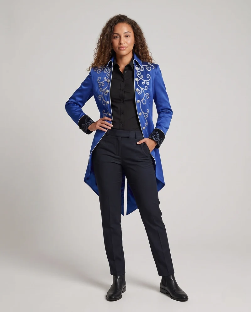 Damen eleganter Frackmantel mit aufwendigen Verzierungen und edlen Akzenten Drune