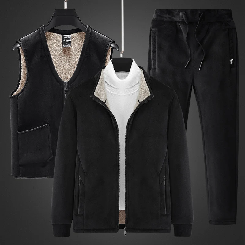 Herren dreiteiliges Thermo-Fleece-Set mit Reißverschlussjacke wattierter Weste und Jogginghose Drune