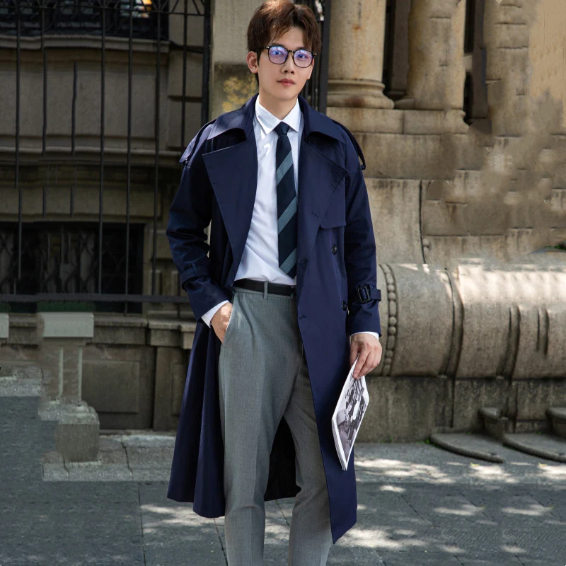 Herren Eleganter langer Trenchcoat mit Bindegürtel und Rückenpasse Drune