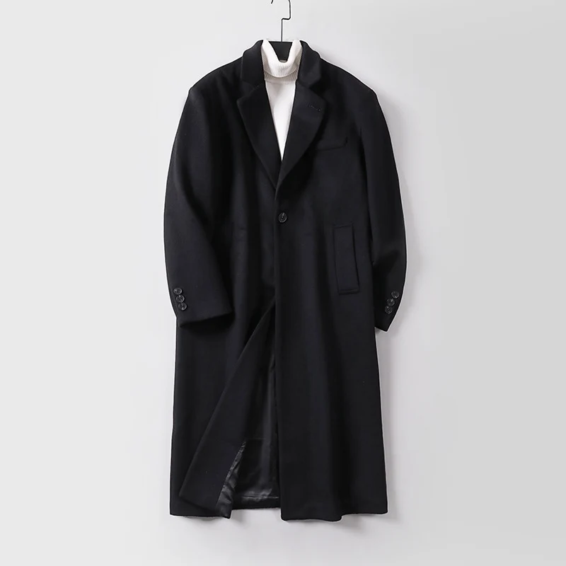 Herren Eleganter langer Einreiher-Wollmantel mit schmalem Revers und taillierter Silhouette Drune