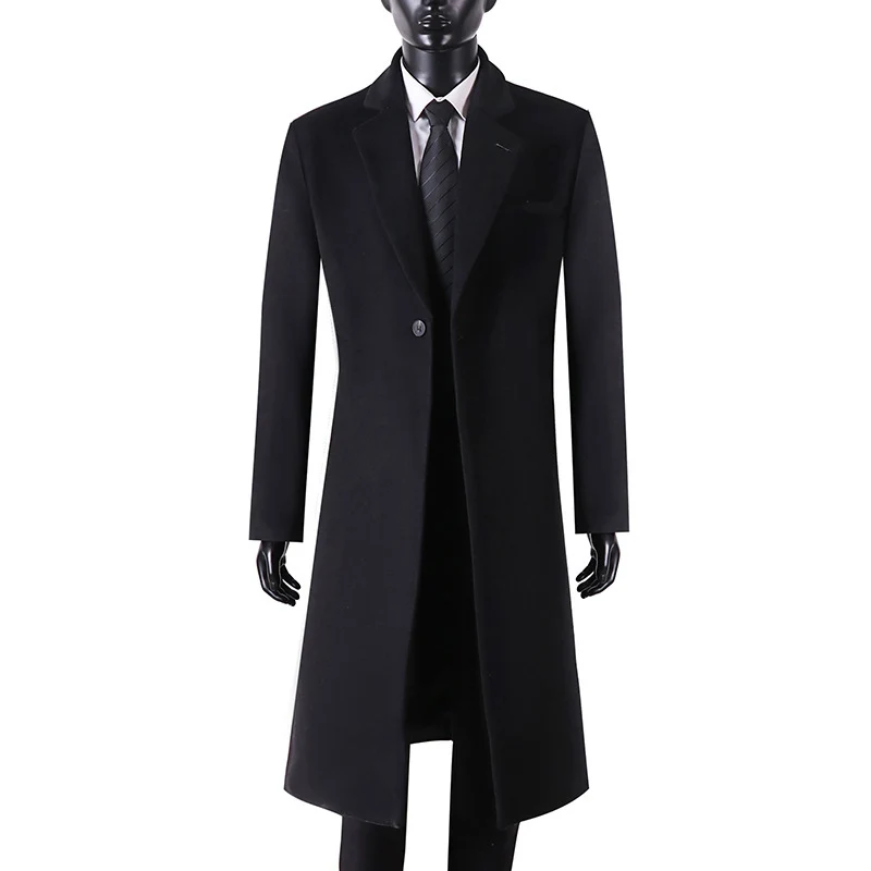 Herren Eleganter langer Einreiher-Wollmantel mit schmalem Revers und taillierter Silhouette Drune