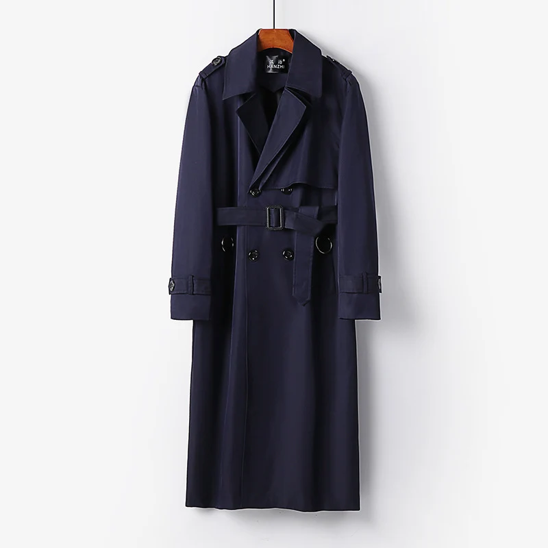 Herren Eleganter knöchellanger Trenchcoat mit verdeckter Knopfleiste und Taillengürtel Drune