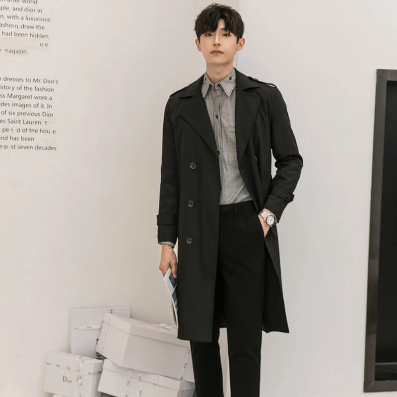 Herren Eleganter knielanger Trenchcoat aus leichtem Funktionsstoff mit Taillengürtel Drune