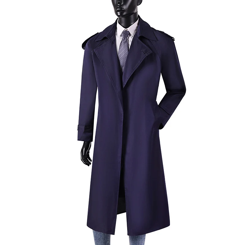 Herren eleganter knie- bis wadenlanger Trenchcoat mit verdeckter Knopfleiste und Schulterklappen Drune