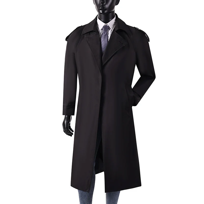 Herren eleganter knie- bis wadenlanger Trenchcoat mit verdeckter Knopfleiste und Schulterklappen Drune