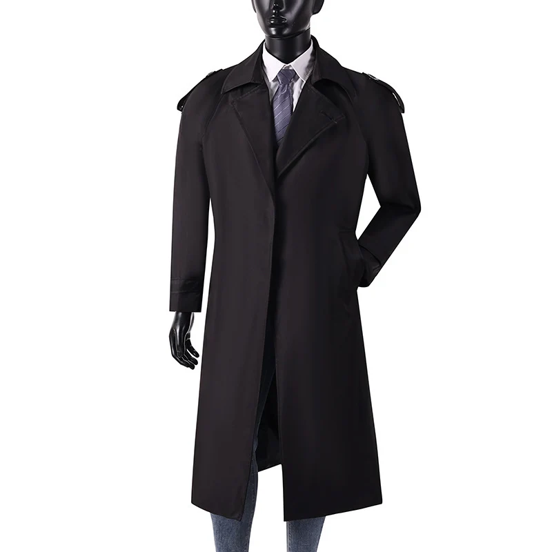 Herren eleganter knie- bis wadenlanger Trenchcoat mit verdeckter Knopfleiste und Schulterklappen Drune