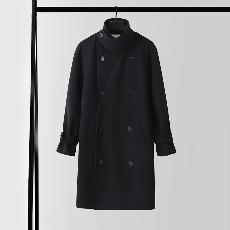 Herren Dramatisch geschnittener Doppelreihiger Wollmix-Longcoat mit Kragenlaschen und Bindegürtel Drune
