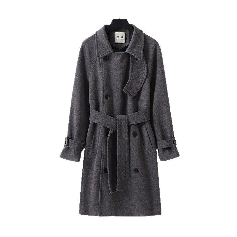 Herren Dramatisch geschnittener Doppelreihiger Wollmix-Longcoat mit Kragenlaschen und Bindegürtel Drune