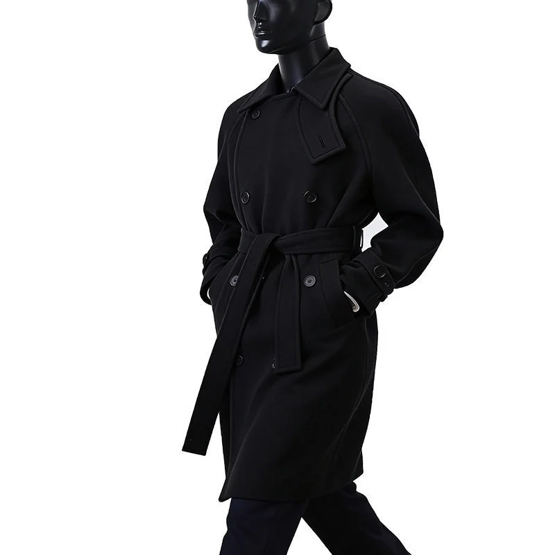 Herren Dramatisch geschnittener Doppelreihiger Wollmix-Longcoat mit Kragenlaschen und Bindegürtel Drune