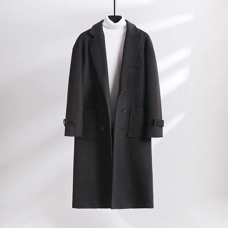 Herren Doppelreihiger Wollmix-Longcoat mit fallendem Revers und Pattentaschen Drune
