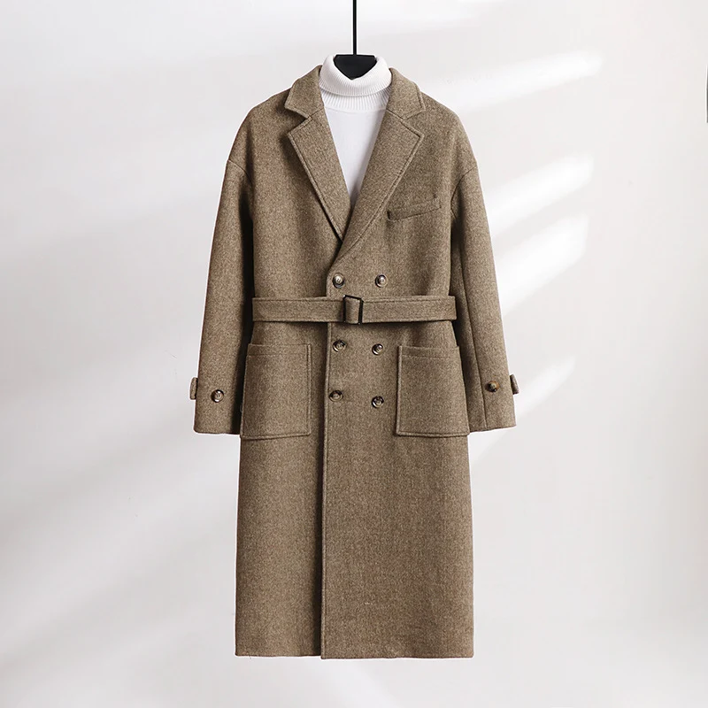 Herren Doppelreihiger Wollmix-Longcoat mit fallendem Revers und Pattentaschen Drune