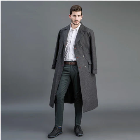 Herren Doppelreihiger Wollmantel mit Schalkragen und langer Silhouette Drune
