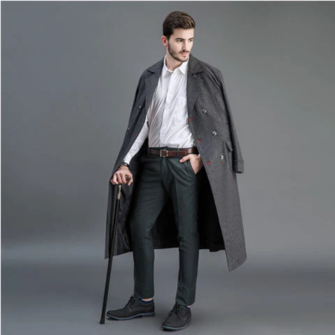 Herren Doppelreihiger Wollmantel mit Schalkragen und langer Silhouette Drune