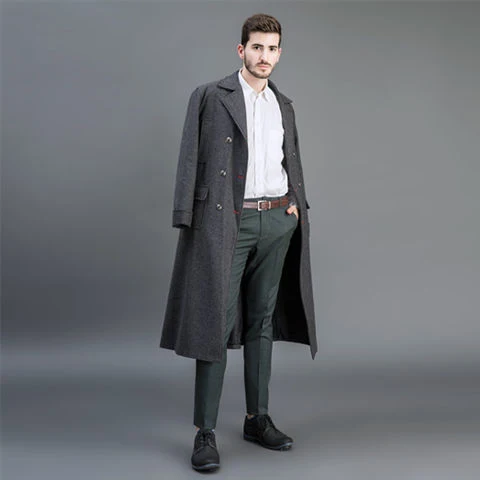 Herren Doppelreihiger Wollmantel mit Schalkragen und langer Silhouette Drune