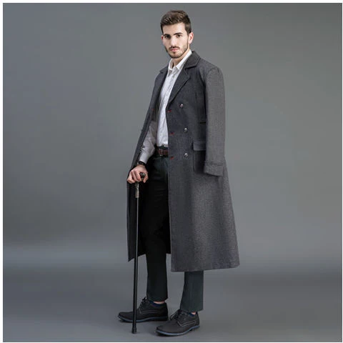 Herren Doppelreihiger Wollmantel mit Schalkragen und langer Silhouette Drune