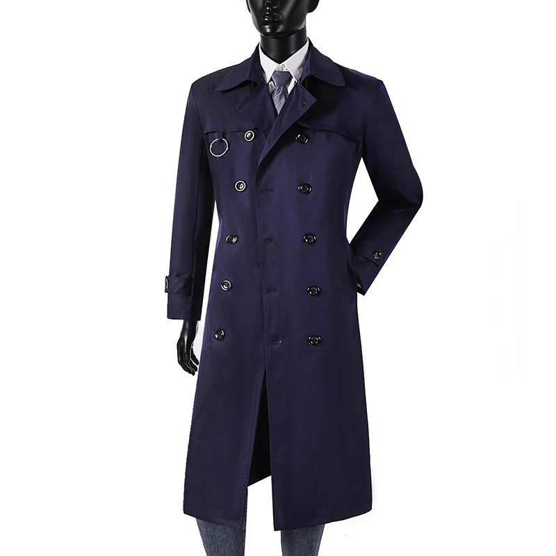 Herren Doppelreihiger Trenchcoat mit Taillierung, Reverskragen und dekorativem Metallring Drune