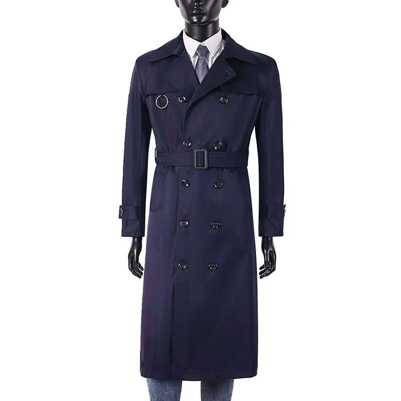 Herren Doppelreihiger Trenchcoat mit Taillierung, Reverskragen und dekorativem Metallring Drune