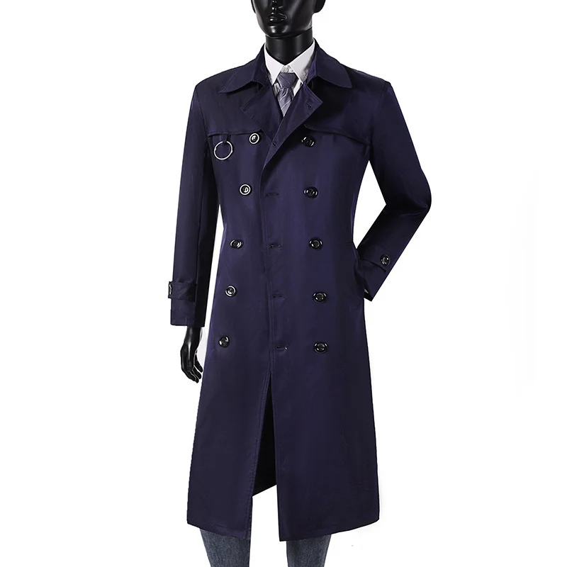 Herren Doppelreihiger Trenchcoat mit Taillierung, Reverskragen und dekorativem Metallring Drune