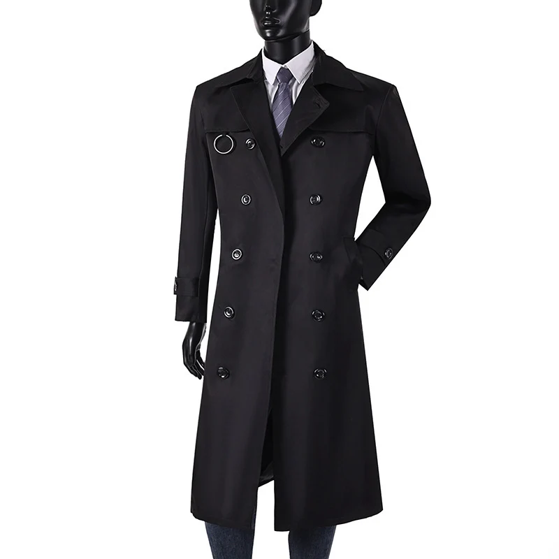 Herren Doppelreihiger Trenchcoat mit Taillierung, Reverskragen und dekorativem Metallring Drune