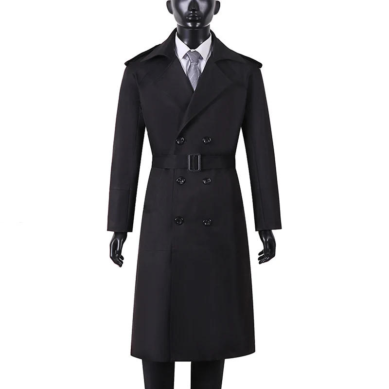 Herren Doppelreihiger Trenchcoat mit Taillengürtel und Schulterlaschen Drune
