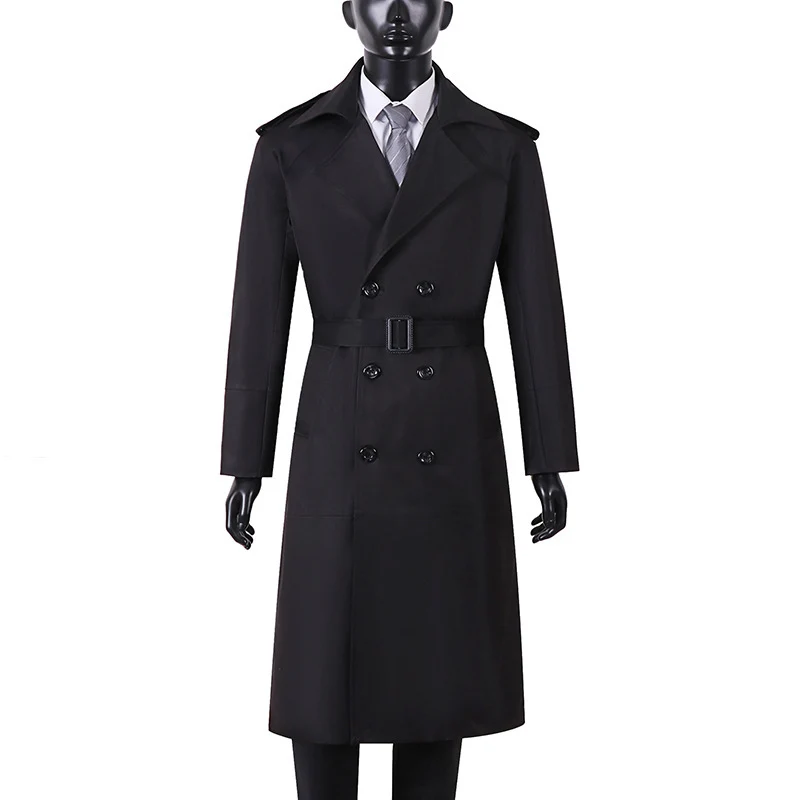 Herren Doppelreihiger Trenchcoat mit Taillengürtel und Schulterlaschen Drune