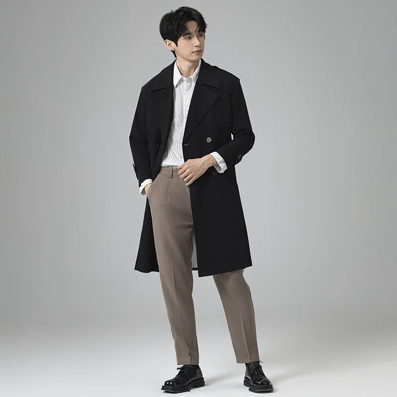Herren Doppelreihiger Trenchcoat mit Taillengürtel und klassischem Revers Drune