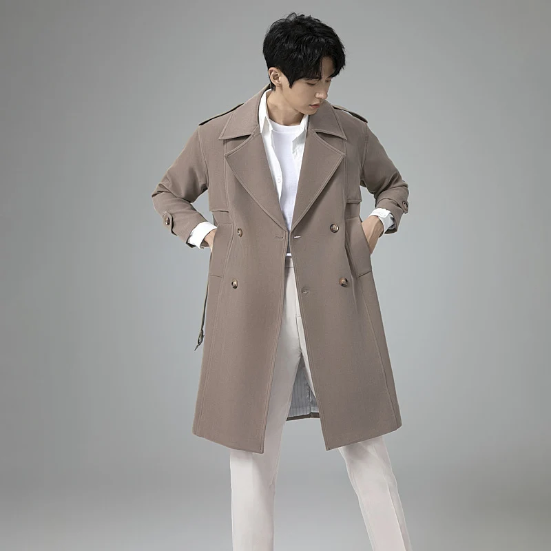 Herren Doppelreihiger Trenchcoat mit Taillengürtel und klassischem Revers Drune