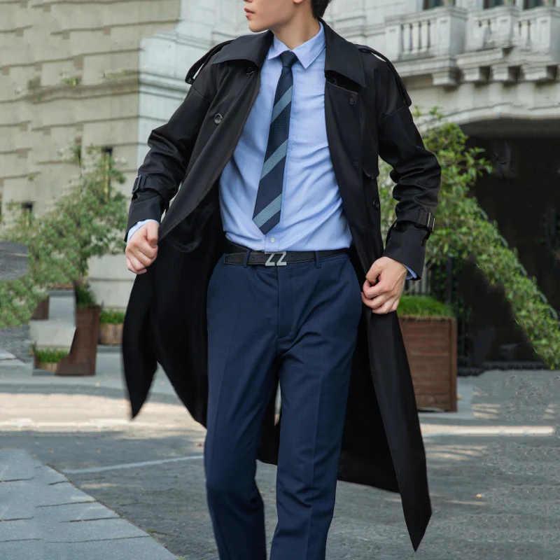 Herren Doppelreihiger Trenchcoat mit Taillengürtel und Epauletten Drune