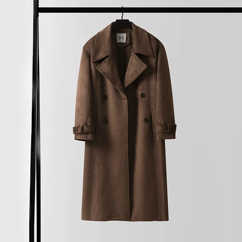 Herren Doppelreihiger Trenchcoat aus Velourslederimitat mit Taillengürtel und weitem Revers Drune