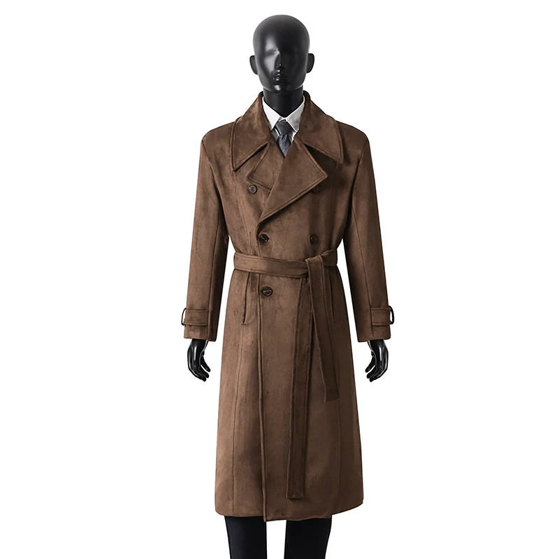 Herren Doppelreihiger Trenchcoat aus Velourslederimitat mit Taillengürtel und weitem Revers Drune