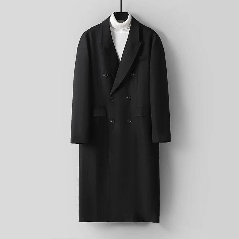 Herren Doppelreihiger Longline-Mantel aus Wollmix mit schmalem Schalkragen Drune