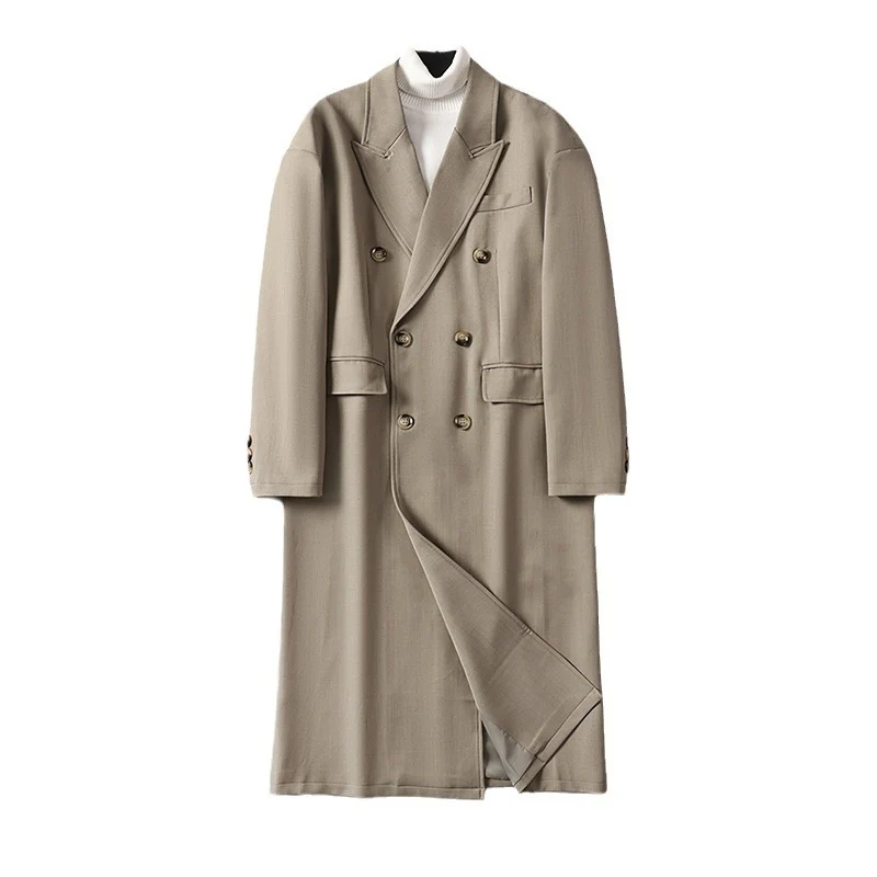 Herren Doppelreihiger Longline-Mantel aus Wollmix mit schmalem Schalkragen Drune